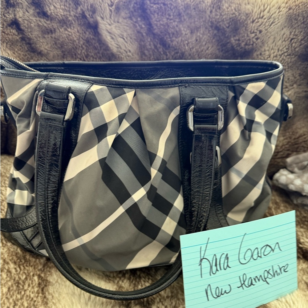 Burberry Black and Gray Plaid Satchel w Leather Straps and hardware